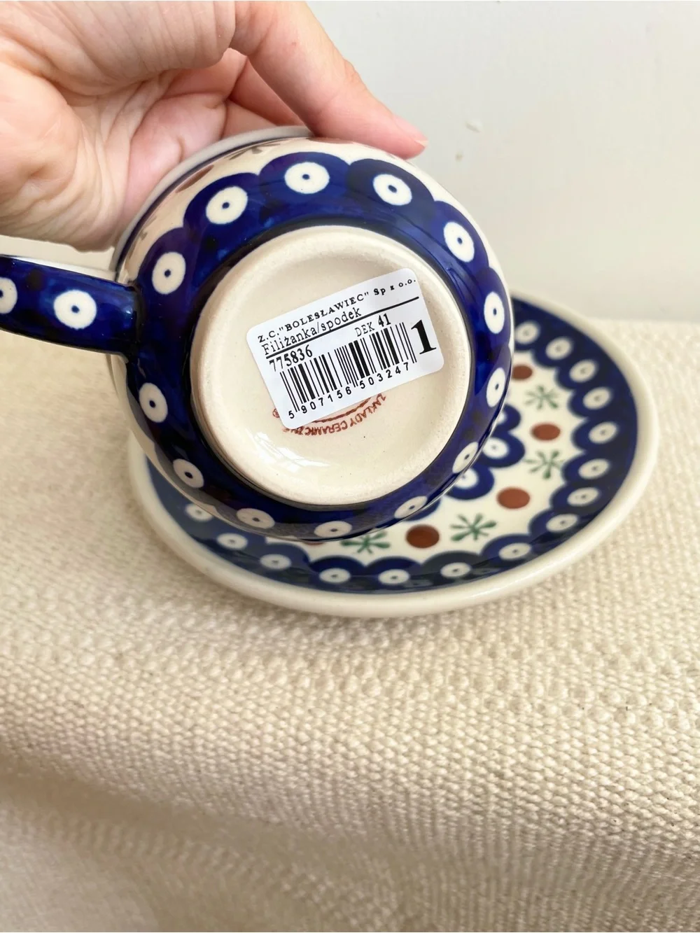 Boleslawiec Polish Pottery Peacock Blue Eyes Tea Coffee Cup Saucer